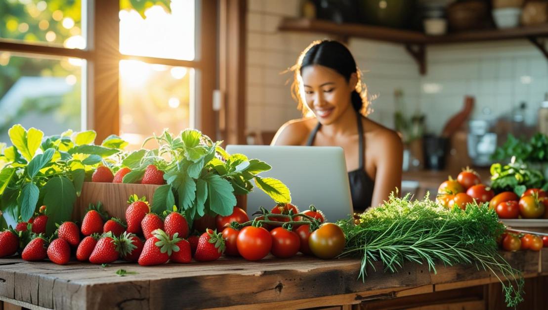 Person using laptop in sunny kitchen surrounded by fresh, colorful seasonal produce.