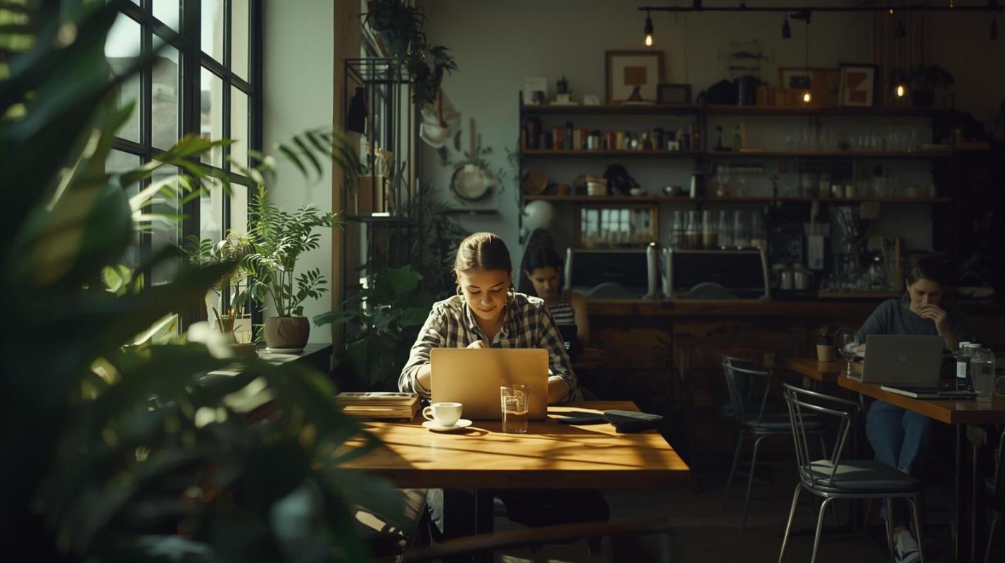A cozy café with customers enjoying coffee and barista preparing drinks.