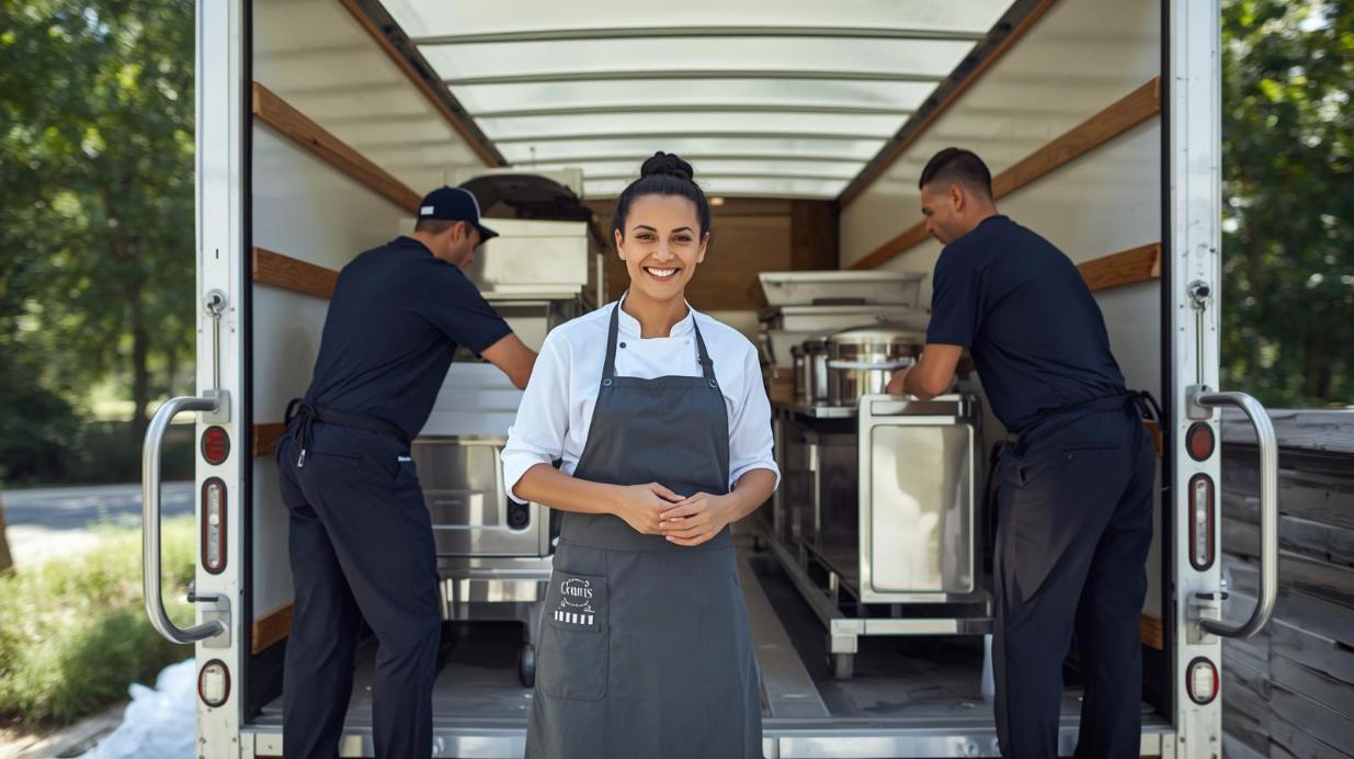 Event chef and movers loading catering equipment into truck with cheerful teamwork.
